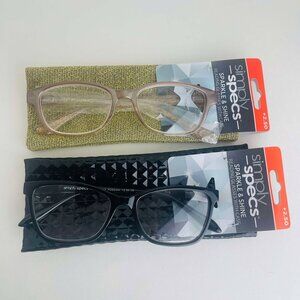RG0318 Lot of 2 Simply Specs Reading Glasses Black, Light Brown Free Case +2.50